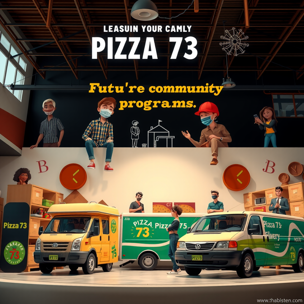 Conceptual image showing Pizza 73's vision for future community programs, featuring diverse community members, food bank facilities, Pizza 73 delivery vehicles, and symbols of ongoing support and partnership, bright and hopeful atmosphere