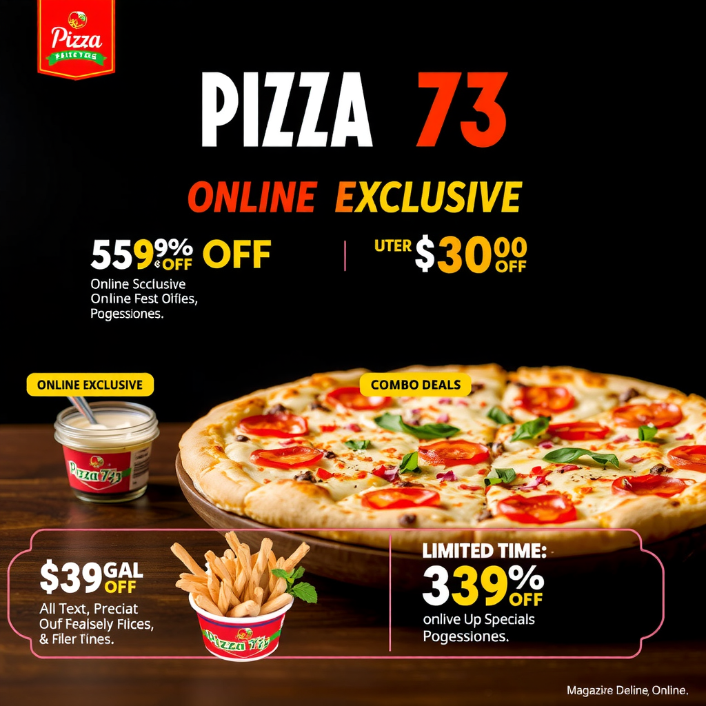 Pizza 73 promotional banner showing multiple online-exclusive deals including percentage discounts, combo offers, and limited-time specials with vibrant graphics and clear pricing