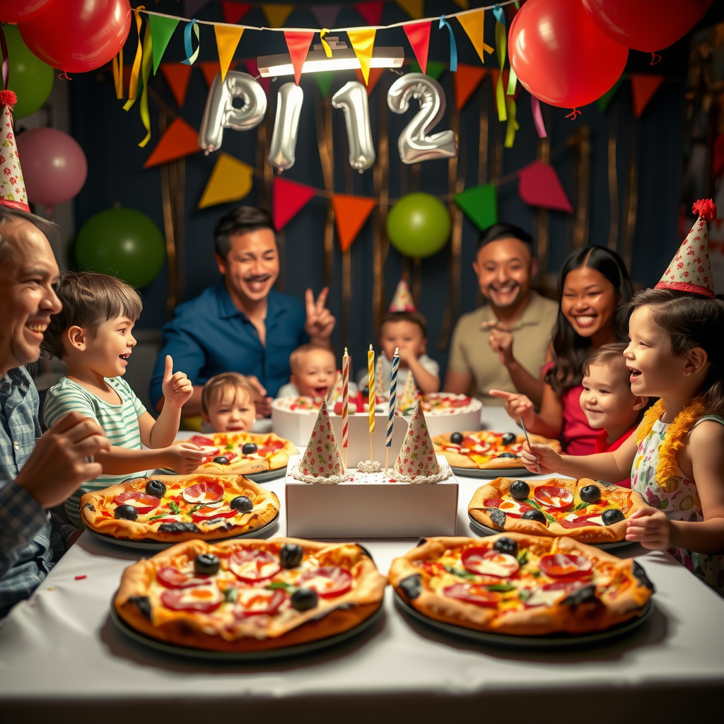 Festive birthday party scene with Pizza 73 pizzas on table, colorful decorations, happy children and adults celebrating together