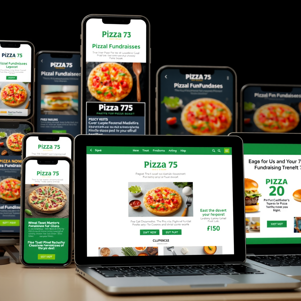 Collection of Pizza 73 fundraising digital marketing materials displayed on various devices including smartphone, tablet, and laptop screens showing social media posts, email templates, and promotional graphics