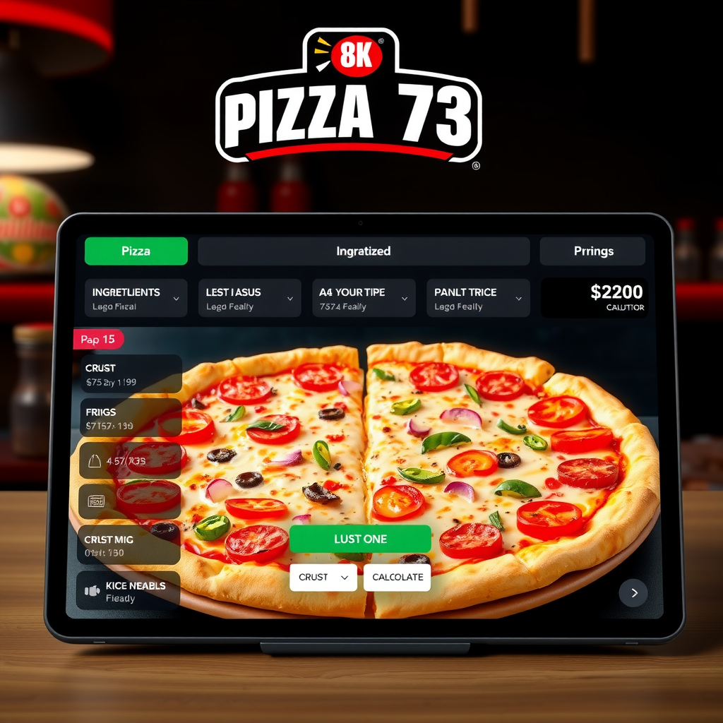 Interactive Pizza 73 pizza builder interface showing split-screen pizza with different toppings on each half, ingredient selection panel, crust options, and real-time price calculator