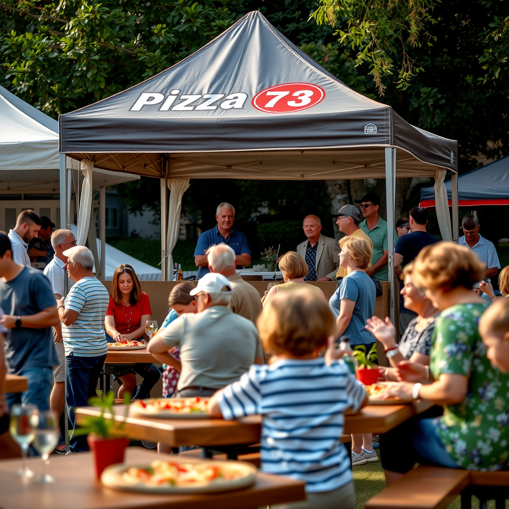 Outdoor community event with Pizza 73 catering tent, people of all ages gathering around pizza tables, festive atmosphere