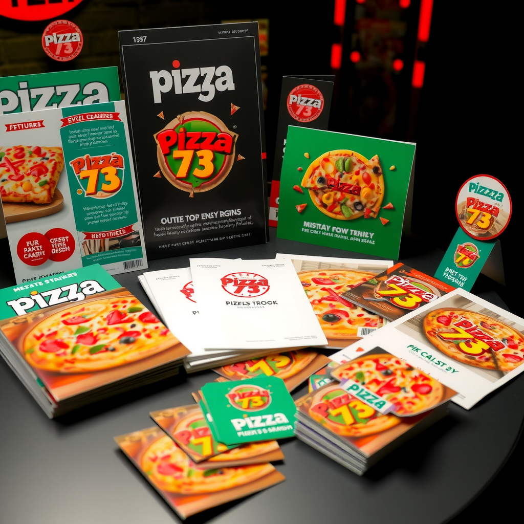 Assortment of professional Pizza 73 fundraising print materials including colorful posters, flyers, table tents, and promotional cards arranged on a table with Pizza 73 branding prominently displayed