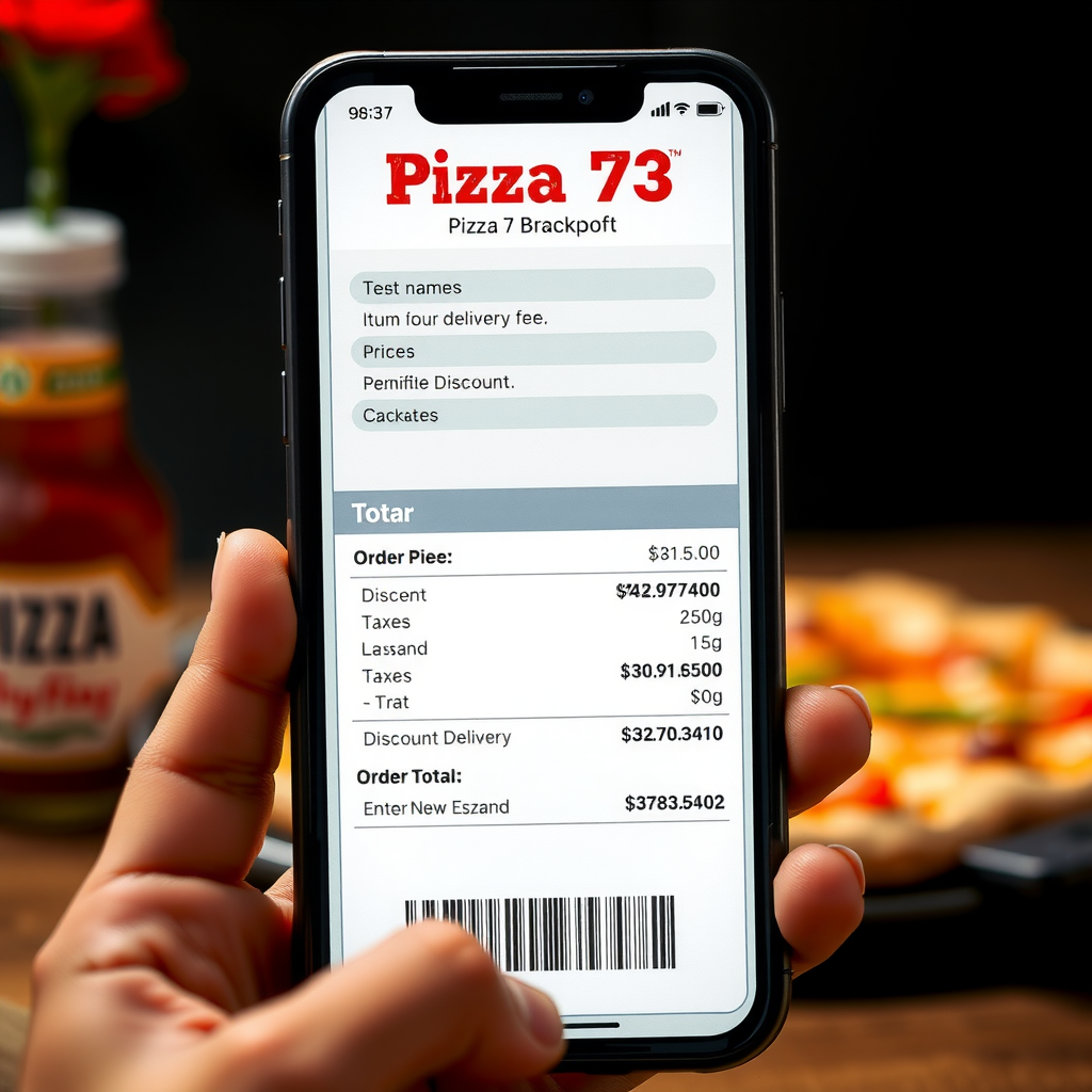 Pizza 73 digital receipt displayed on smartphone showing detailed order breakdown with item names, prices, discounts applied, delivery fee, taxes, and total amount with order number and timestamp