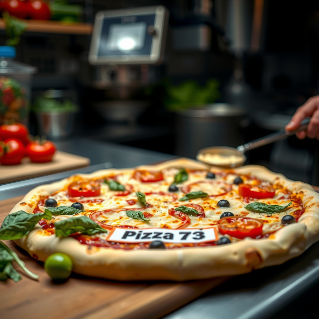Close-up of fresh Pizza 73 pizza being prepared in kitchen, showing quality ingredients and professional preparation standards