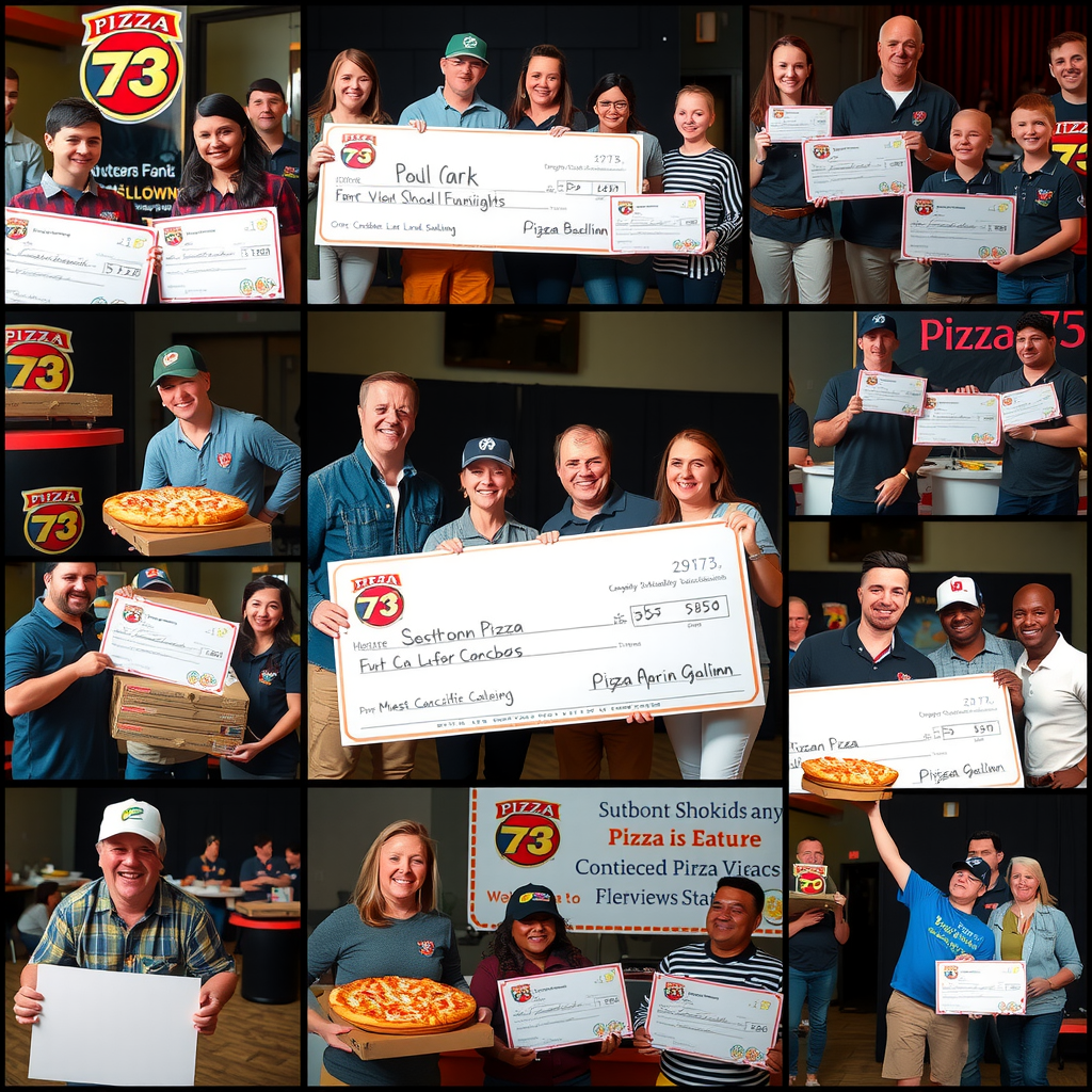 Collage of successful Pizza 73 fundraising events showing happy students, athletes, and community members celebrating with oversized checks, pizza boxes, and achievement banners from various organizations