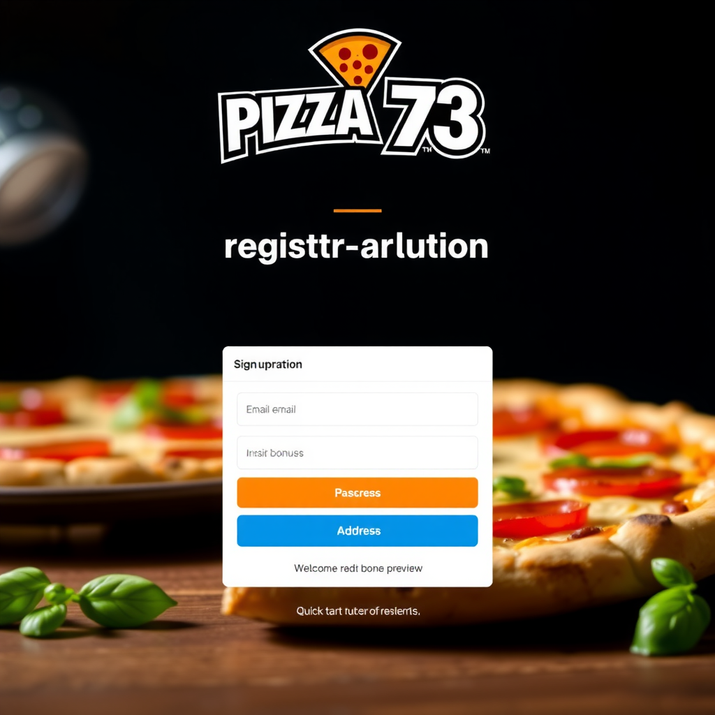 Pizza 73 account registration screen showing simple sign-up form with email, password, and address fields, along with welcome bonus notification and quick-start tutorial preview