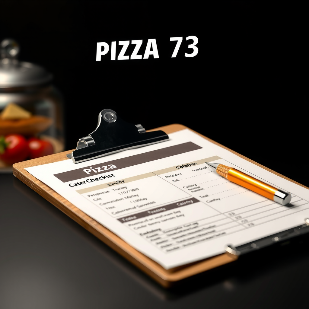Pizza 73 catering planning checklist on clipboard with pen, showing event details and order specifications