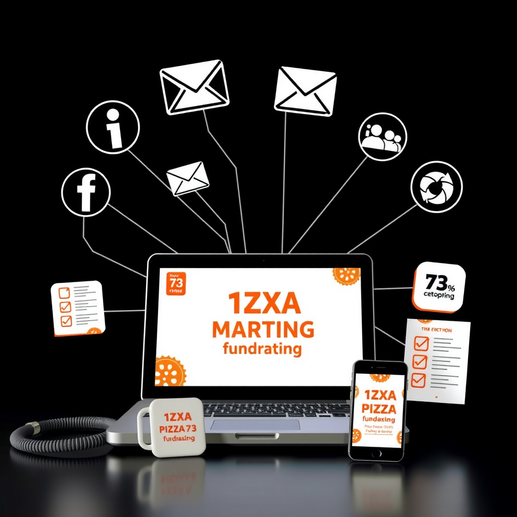 Visual representation of multi-channel marketing strategy showing various communication methods including social media icons, email symbols, printed materials, and mobile devices all connected to a central Pizza 73 fundraising campaign
